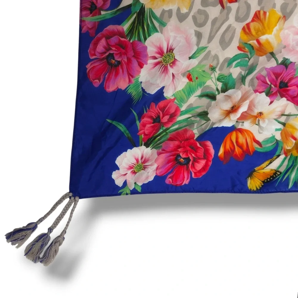 Johnny Was Silk Tassel Scarf Floral Butterfly Leopard Cobalt Blue 42x42 NWT OS